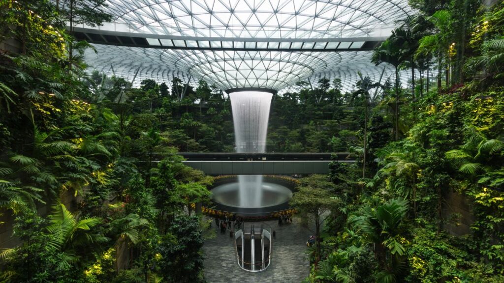 The indoor water feature in Jewel is a popular attraction