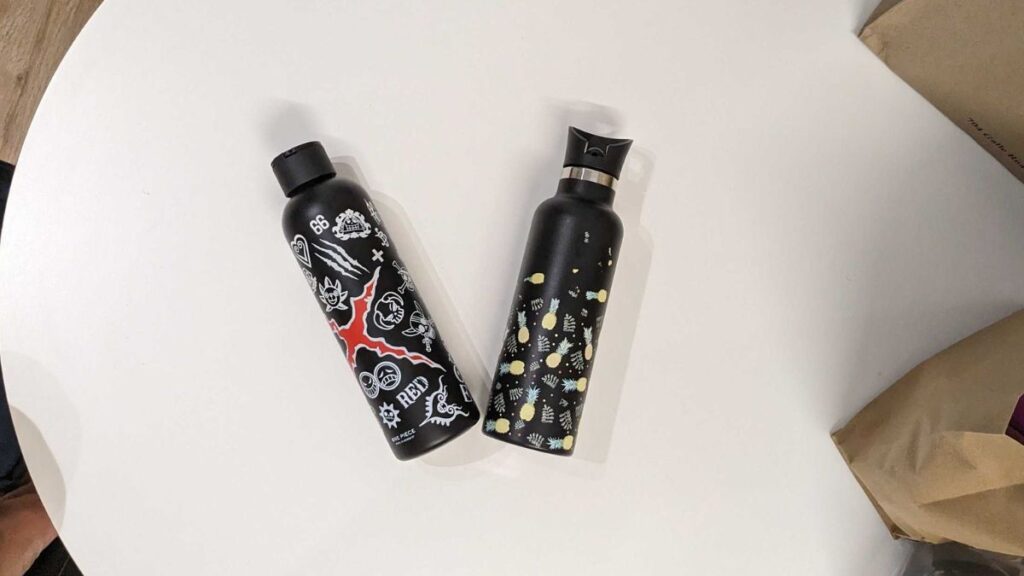 The ONE PIECE Motif Water Bottle from Casetify and the Pineapple Black Ultra-Light Stainless Steel bottle from Super Sparrow are my trusty water bottles when I travel