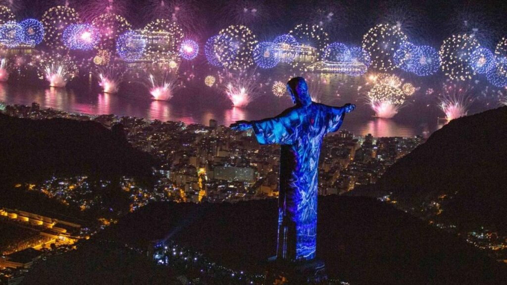 New Year’s Eve fireworks viewed from above the statue of Christ the Redeemer