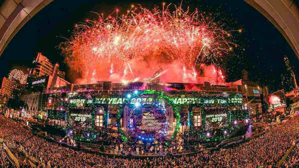 Thousands of people dancing in the streets of Bangkok on New Year’s Eve