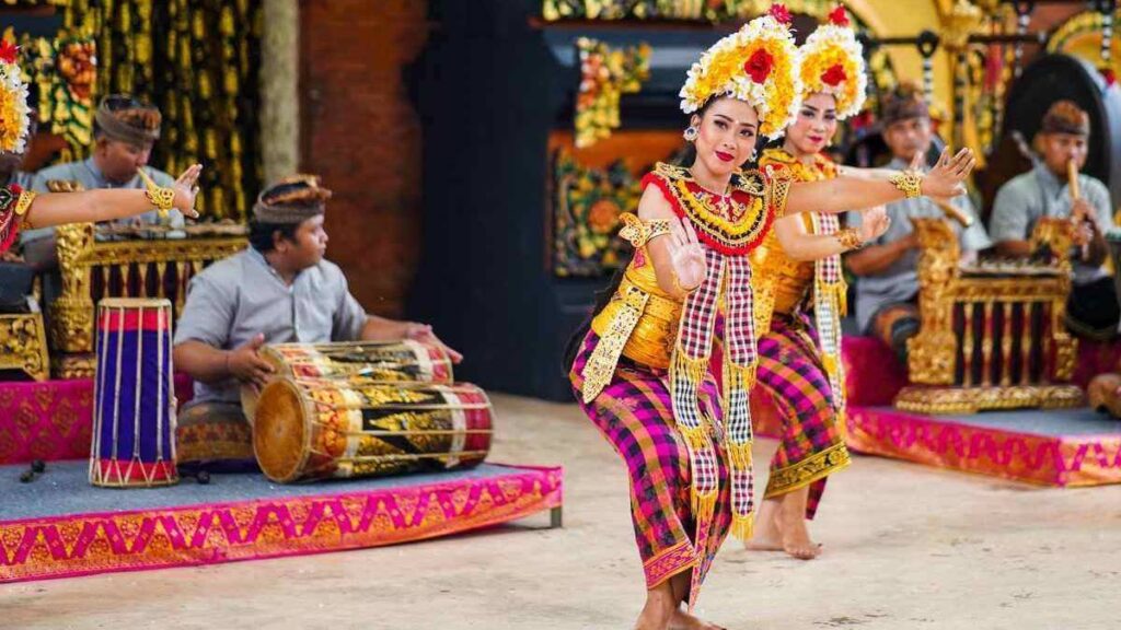 Traditional Balinese dancers and musicians celebrating the New Year