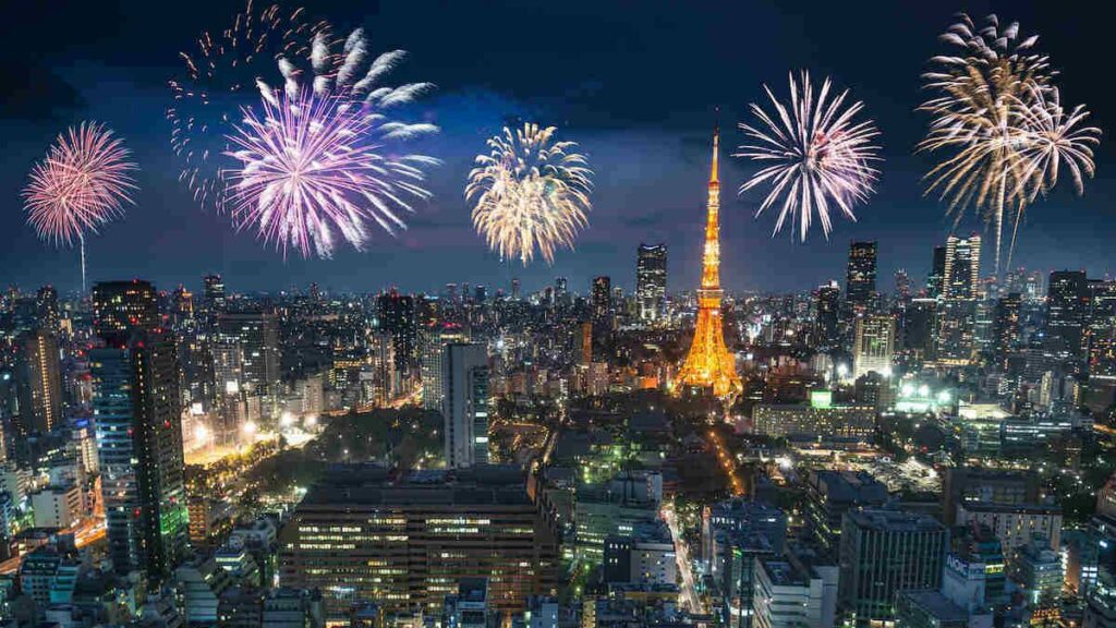 Fireworks lighting up the Tokyo skyline during New Year’s celebration