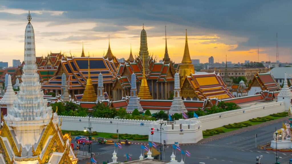 View of the Temple of the Emerald Buddha on the grounds of the Grand Palace in Bangkok