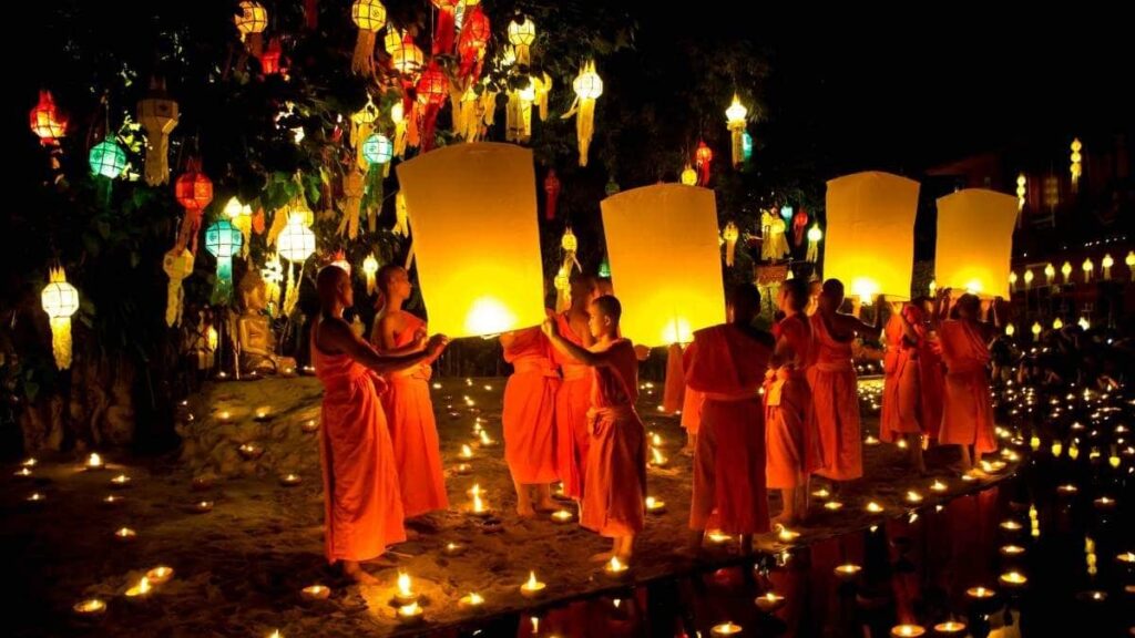 Release of lanterns into the sky as part of Loy Kratong festival