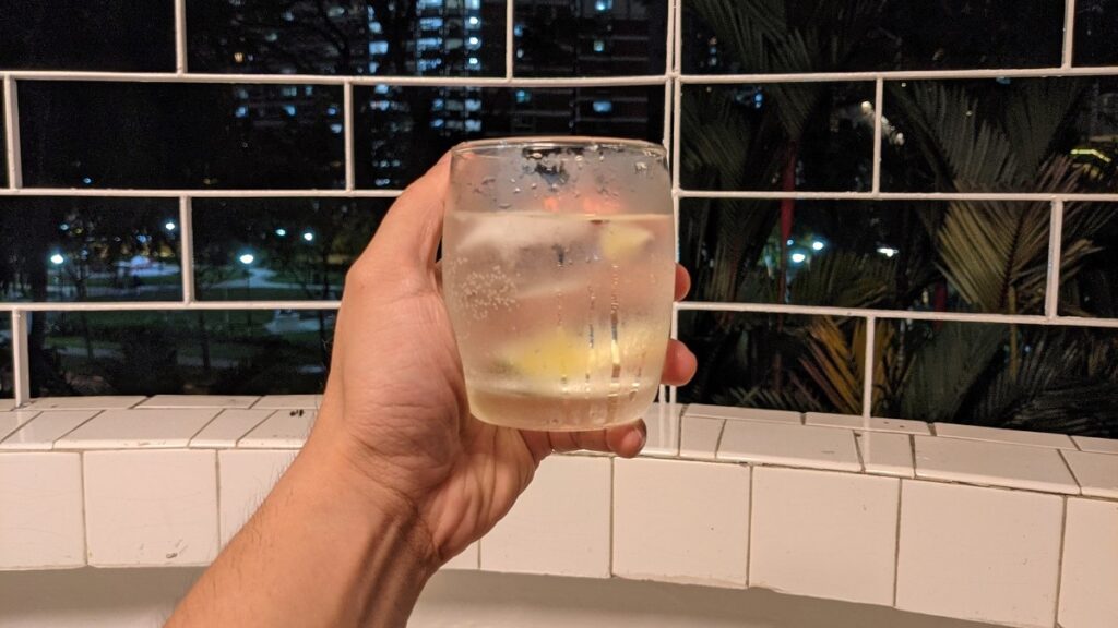 A glass of Roku gin
