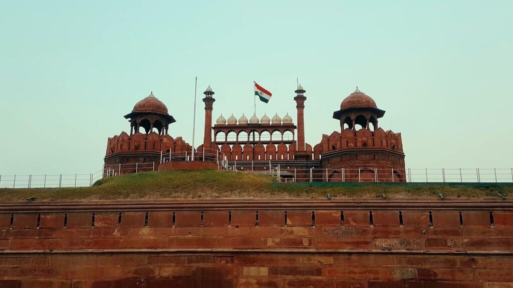 Famous castles, outside view of Red Fort spotting the Indian flag