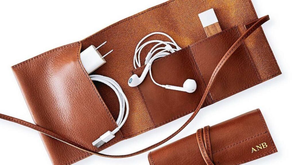 Best travel gifts for men, Mark and Graham leather charger rollup