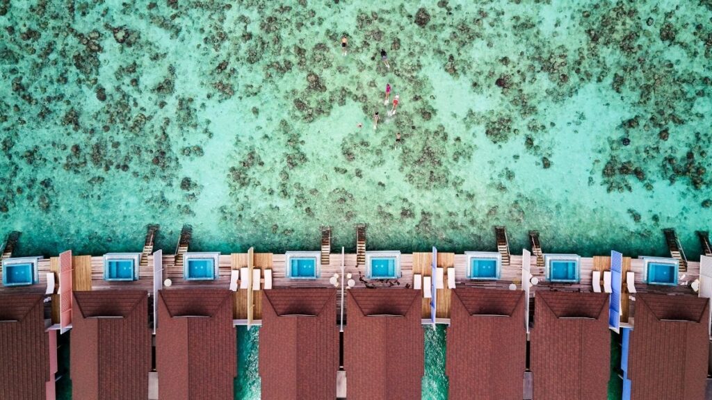 Here's an ariel view of The Standard, Huruvalhi Maldives