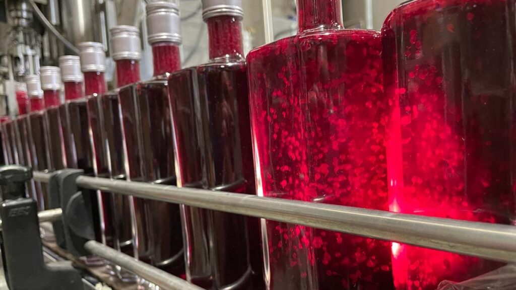 The bottling process for the Wild Hibiscus Deep Dark Red Finger Lime Gin