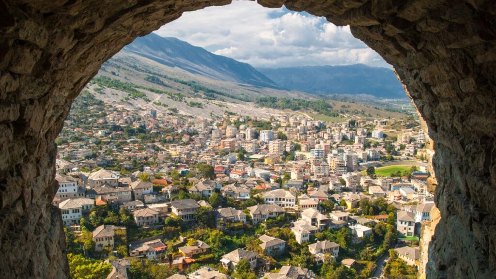 A beautiful arial view of Gjirokastër from a castle